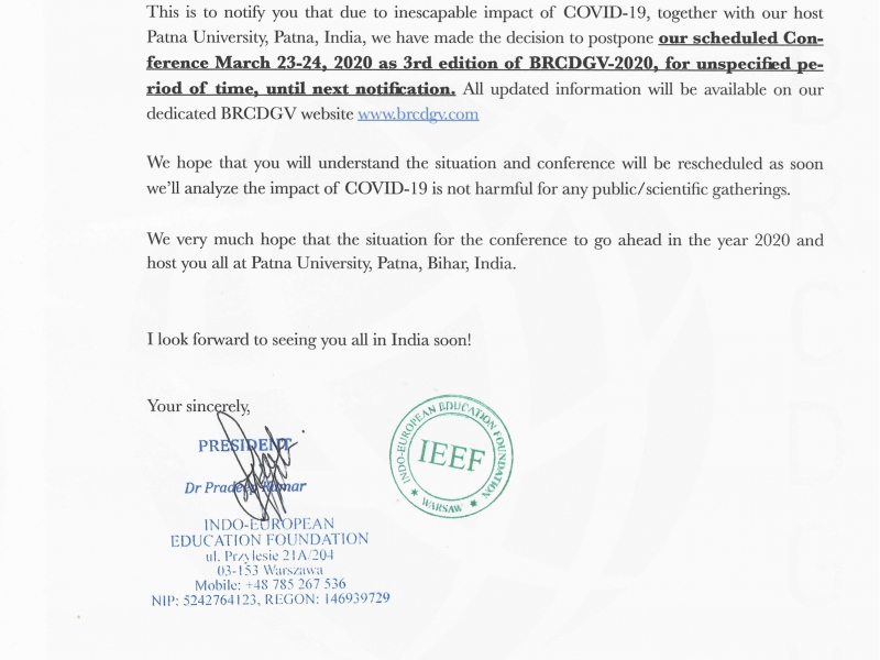 BRCDGV-2020, March 23-24, 2020, Patna, has been postponed 